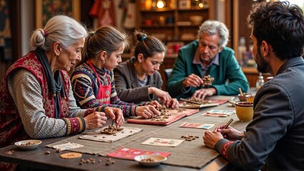 Older and young individuals happily sharing traditional art and crafts against a cultural heritage background