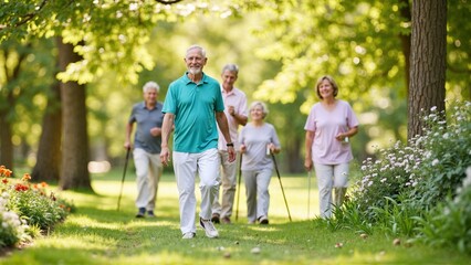 Fototapeta premium Nature and Wellness Haven: Older Adults Enjoying Outdoor Activities Amidst Beautiful Trees and Flowers, Promoting Physical and Mental Well-being