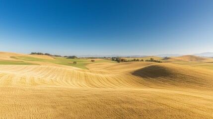 Obraz premium Golden Fields of Serenity: Picturesque Countryside Landscape under Clear Blue Sky