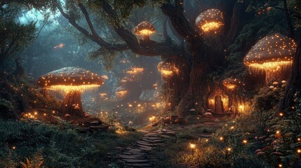 Enchanted forest with glowing mushrooms and a mystical atmosphere.