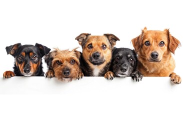 Four black and white dogs looking over white wall