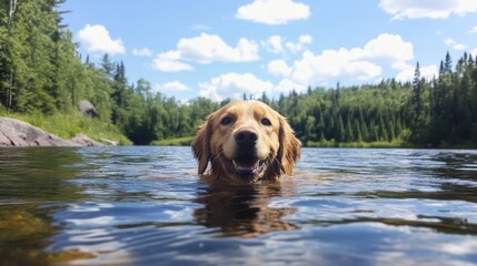 Happy Golden Retriever Swimming in Clear Water