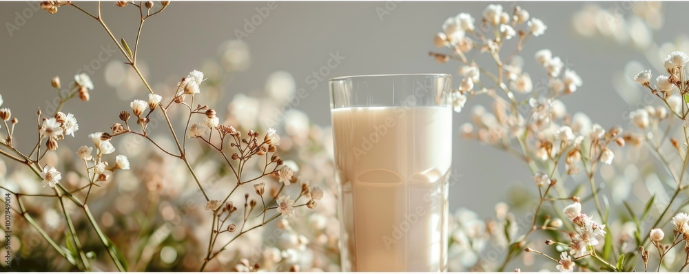 Wall mural glass of milk surrounded by delicate white flowers in bright natural light