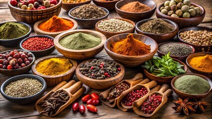Fototapeta premium Colorful Assortment of Exotic Spices and Ingredients in Wooden Bowls, Ideal for Adding Rich Flavor to Any Culinary Creation.