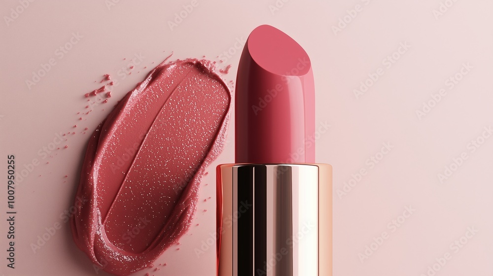 Poster a close-up view of a pink lipstick with a matching swatch on a smooth surface showcasing its color a