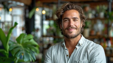Fototapeta premium Confident Young Man in Casual Attire Smiling in Indoor PlantFilled Cafe