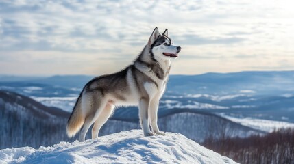 Fototapeta premium Majestic Husky Standing on Snowy Mountain View
