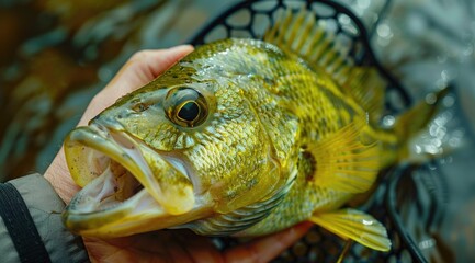 Close up of a largemouth bass caught in a river