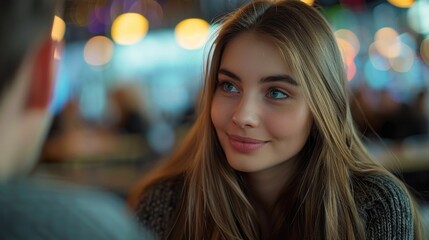 Obraz premium Smiling Young Woman with Blonde Hair in a Cozy Café Setting
