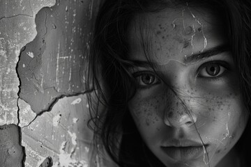 Woman peeking through crack in wall