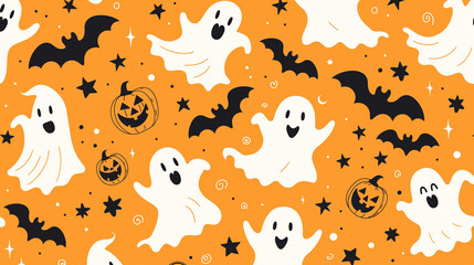 Obraz premium Halloween-themed seamless pattern with ghosts, bats, and pumpkins on an orange background