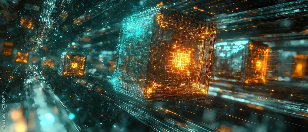 Aufkleber abstract futuristic 3d rendering with glowing cubes.