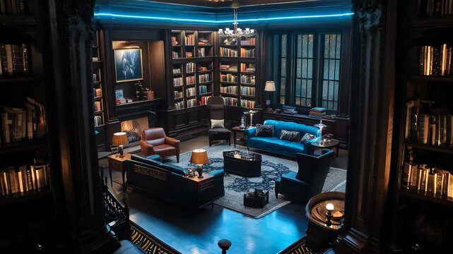 Lavish Victorian parlor with floor-to-ceiling bookshelves. Leather sofas and animal hide rugs create cozy atmosphere. 