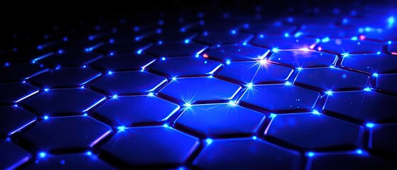 Obraz premium Abstract background with a hexagonal pattern in blue tones with glowing lights.