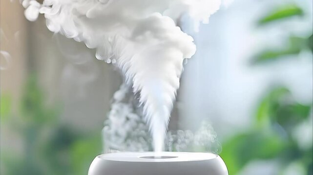A white diffuser producing a plume of mist, surrounded by green plants and a bright indoor setting.