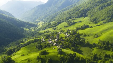 Fototapeta premium Majestic Mountain Village: Serene Beauty of a Quaint Settlement in a Verdant Valley