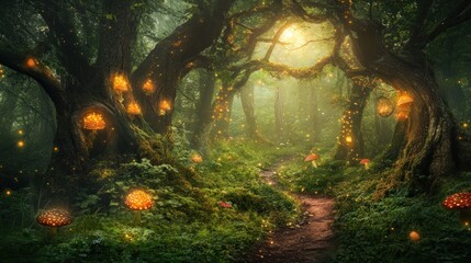 Enchanted forest with glowing mushrooms and ethereal light.