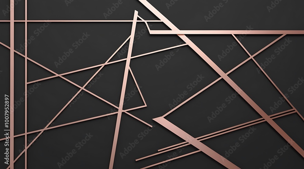 Poster digital artwork featuring an abstract geometric design consists of several thin, metallic rose gold 