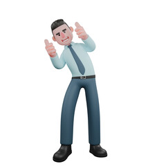 3D Male Financial Analyst in Bank. A male financial analyst stands with his body slightly to the right side and thumbs up on both hands. Economic Illustration