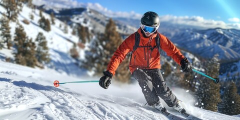 Skier descending mountain slope on sunny day