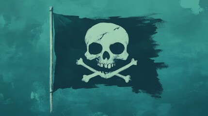 A weathered flag featuring a classic skull and crossbones design, symbolizing piracy and danger, set against a teal background.