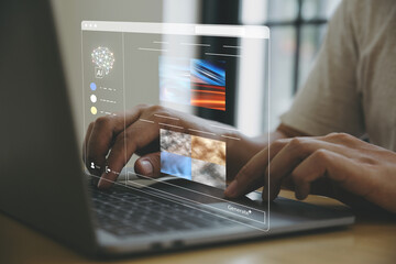 AI technology, Young man using laptop with Ai assistant. command to create something, Generate...