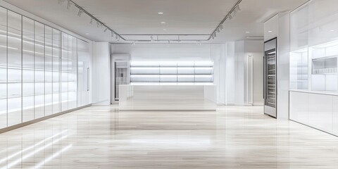 modern empty big refrigerator showcase in a white and cream supermarket with elegant wooden floor 