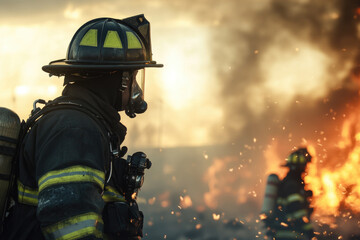 Firefighter in Front of Large Fire