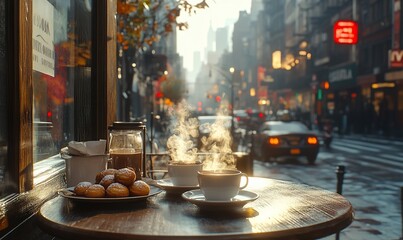 Obraz premium Two steaming cups of coffee and pastries on a cafe table outside on a busy city street.