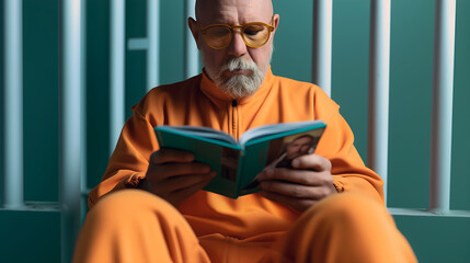 A prisoner reading a book in an orange jumpsuit, while sitting in a prison cell.