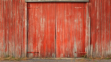 Weathered Red Barn Door on Rustic Wooden Background
