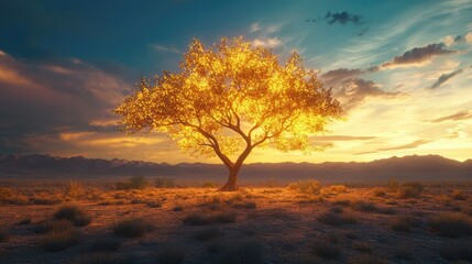 Fototapeta premium A vibrant tree of hope in a dry, lifeless desert, with glowing leaves and branches standing out against the stark, realistic desert backdrop