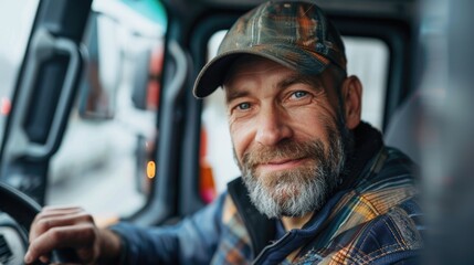 Truck driver smiling in cab