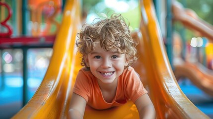 Happy toddler boy in hat on playground slide
