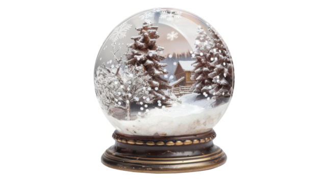 Winter house in the crystal ball on white background