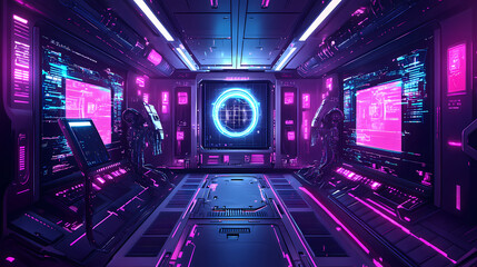 Obraz premium Futuristic ai core room with robotic overlords. Robot Overlord. Illustration