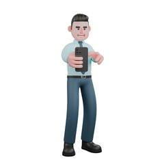 Professional 3D Male Financial Analyst. A male financial analyst stands holding a cellphone in his right hand which is stretched forward. Economic Character