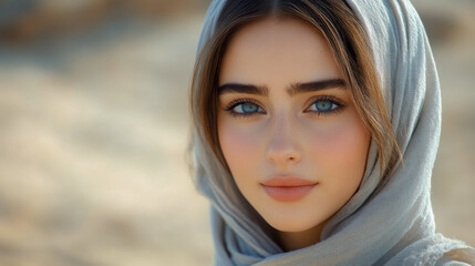 A tranquil portrait of a woman with blue eyes and a headscarf in soft lighting