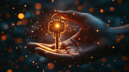glowing, minimalist metal key rests above an open hand in a business setting, symbolizing opportunity and empowerment. This image represents new beginnings, access to success, and the transformative p