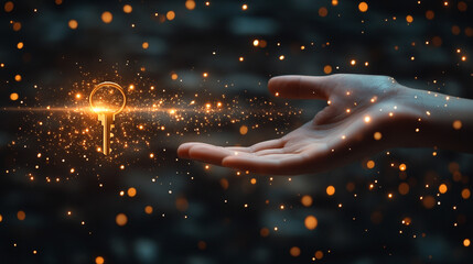 glowing, minimalist metal key rests above an open hand in a business setting, symbolizing opportunity and empowerment. This image represents new beginnings, access to success, and the transformative p