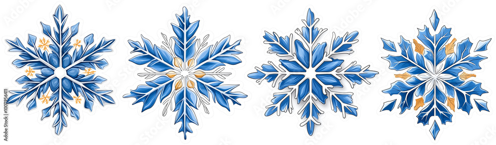 Poster Beautiful blue snowflakes with intricate designs and varying shapes create stunning winter theme. Each snowflake showcases unique patterns and colors, png transparent background