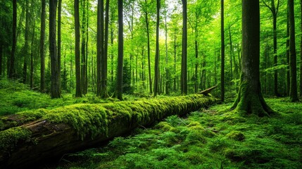 Obraz premium Lush Green Forest with Mossy Log and Sunlight Peeking Through
