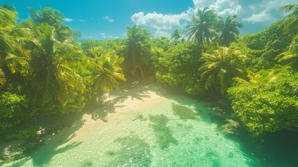 Tranquil Island Paradise: White Sandy Beaches, Crystal Waters, and Palm Trees in Tropical Sunlight
