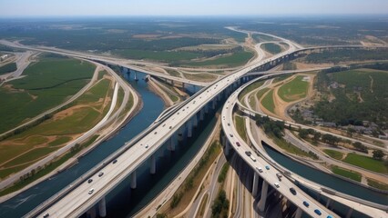 Aerial perspective of a highway bridge, showcasing modern infrastructure development, designed for efficient vehicular transport across landscapes.