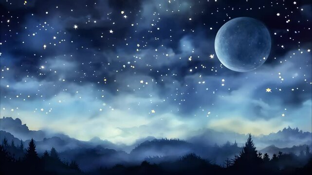 A serene night sky filled with stars and a large moon over a misty mountain landscape.