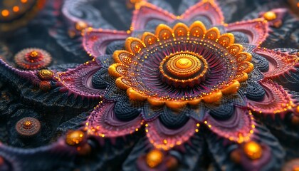 A close-up view of a complex fractal pattern resembling a flower with intricate details and vibrant colors.