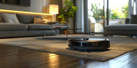 Robot vacuum cleaner on hardwood floor in modern living room