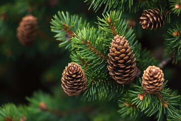 Fototapeta premium Close-up of Pine Cones on a Green Branch