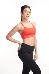 Beautiful young asian sport woman with sportswear ready for exercise on white background, Advertising sportswear and yoga wear, Healthy lifestyle, sport.