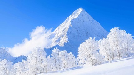 Obraz premium Majestic Snow-Covered Mountain Peak with Frosted Pine Trees on a Clear Blue Day